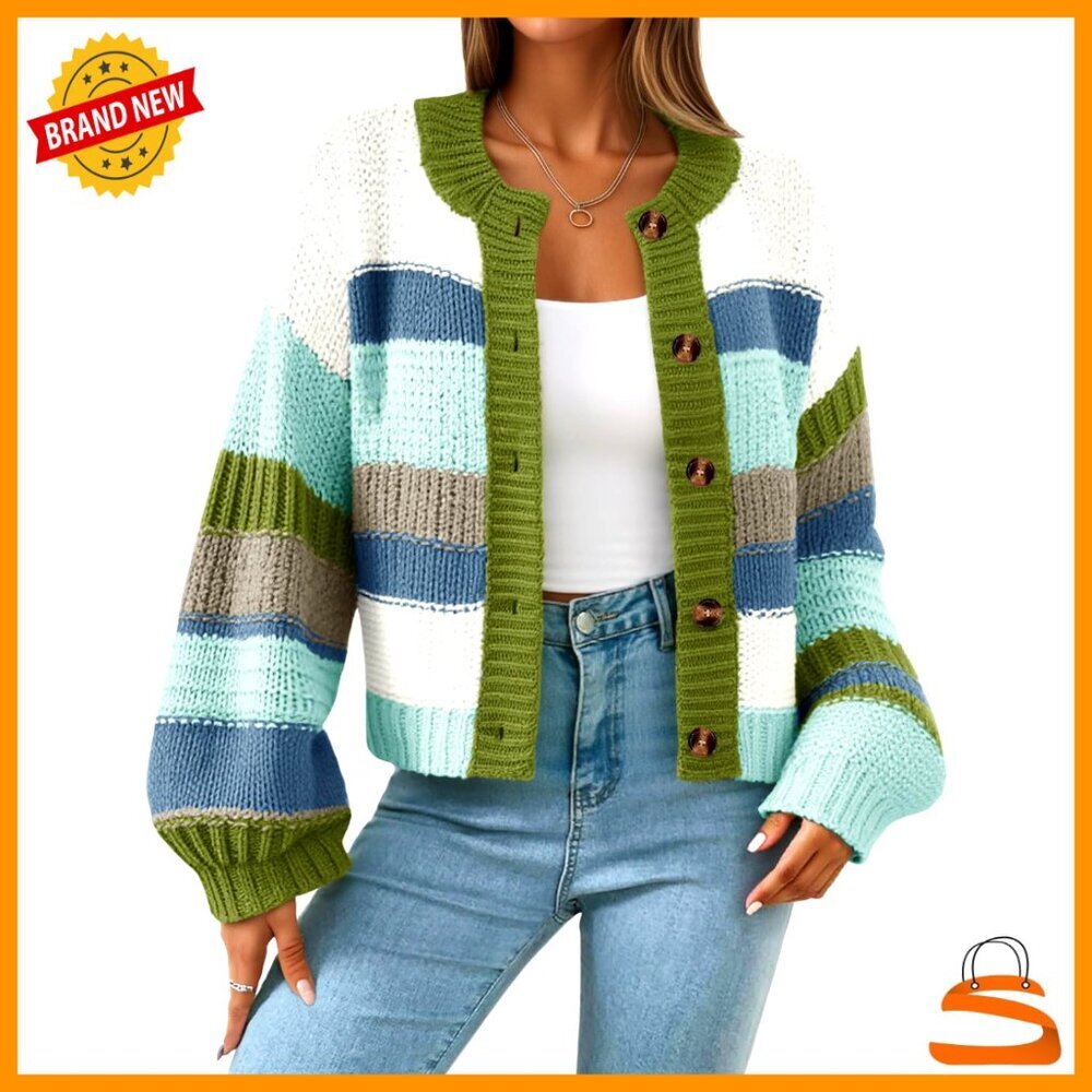 Striped Chunky Cardigan Sweater Oversized Loose Fit Button Up Long Sleeve Knit